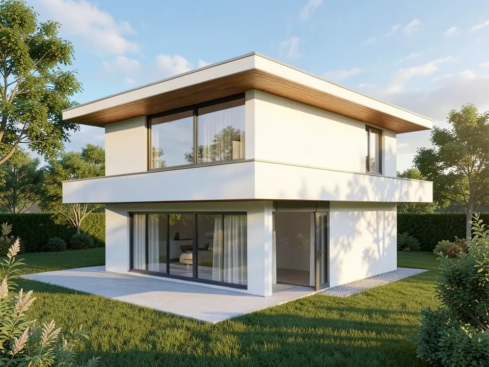 Photorealistic render of the same modern house with white render walls, timber soffit, large glazing, lawn and trees in late afternoon sun