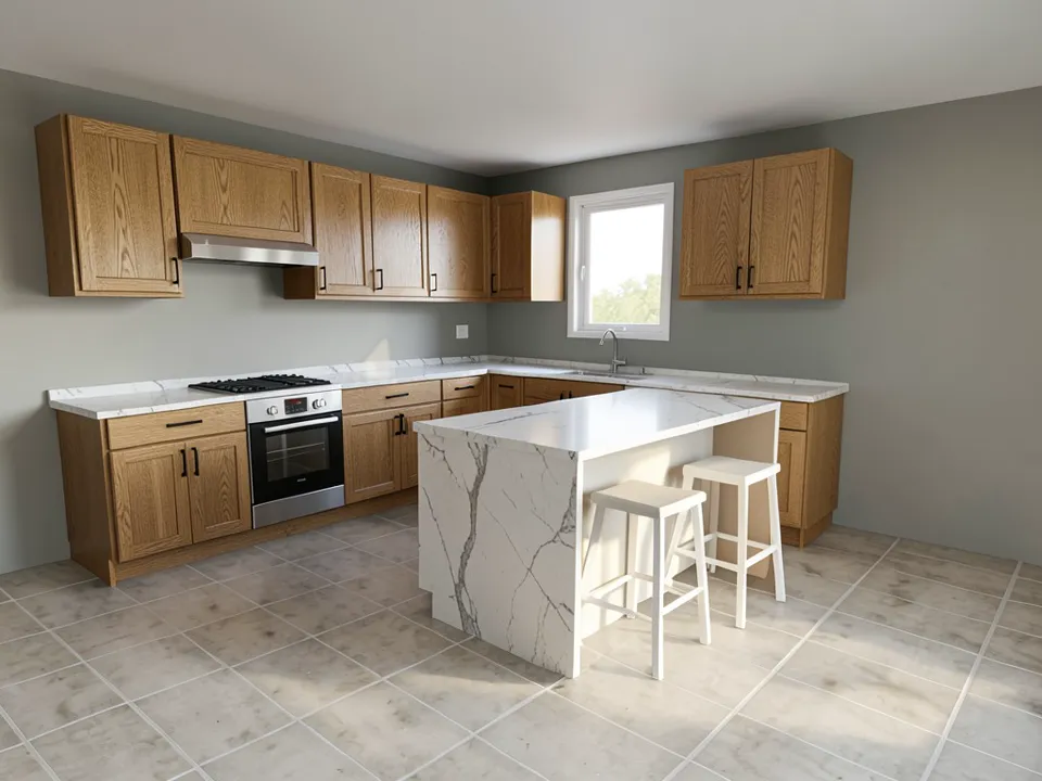 Photo-like daytime render of the same kitchen layout with oak shaker cabinet fronts, white veined stone counters, a waterfall stone island with two white bar stools, a gas hob, stainless hood and stainless oven, grey walls and a beige stone tile floor
