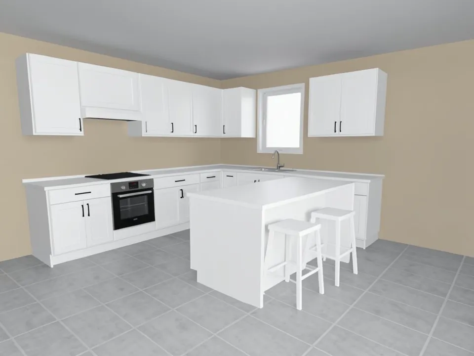 Home-planner style 3D view of an L-shaped kitchen with white shaker cabinets and black handles, a white hood, a black cooktop and black built-in oven, a sink under a window, a white island with two white bar stools, a grey square-tile floor and beige walls
