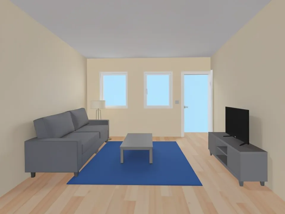 Flat-shaded home-planner style 3D view of a living room with pale beige walls, light wood floor, a grey three-seat sofa, a grey coffee table on a blue rug, a floor lamp, two windows and an open door filled with flat light blue, and a grey TV cabinet with a black TV