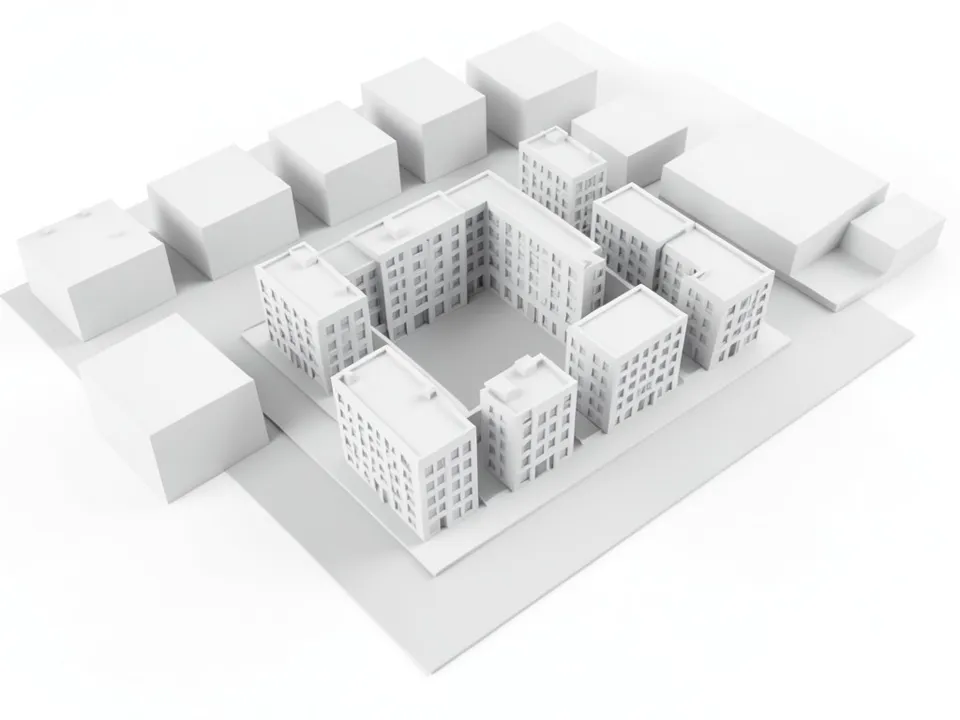 All-white massing model seen from above at an angle: a city block of mid-rise buildings around an empty courtyard, standing on a raised white base, with plain white boxes for the neighbouring blocks and no streets, trees or people