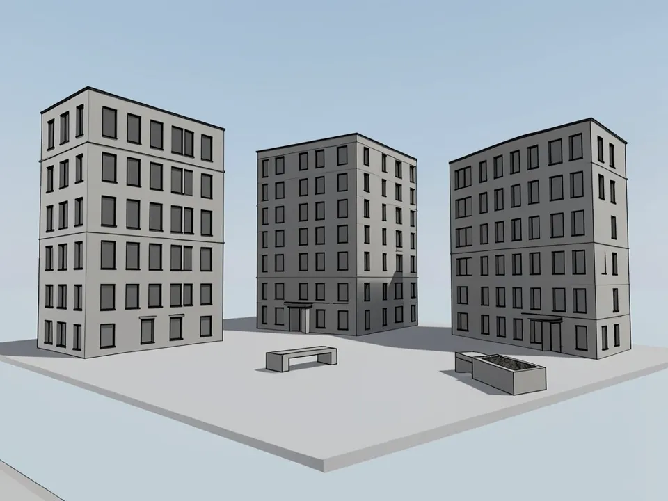 Grey SketchUp-style eye-level model view with black edges of three free-standing six- to eight-storey buildings around an empty paved slab with one bench and one planter box, sky visible between the buildings