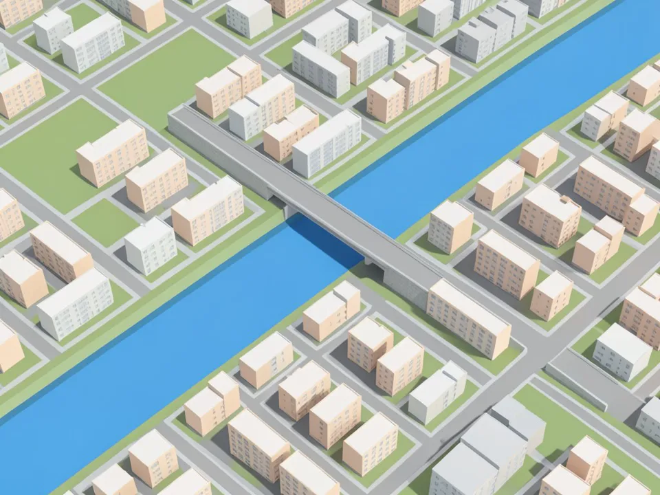 Flat-shaded aerial model of a riverside district: a straight blue river crossing the frame diagonally under one bridge, a grid of grey streets and rows of simple beige and white box buildings on green lots