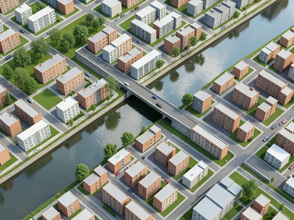 Photoreal daytime aerial of the same riverside district with brick and white buildings in the same positions, a road bridge with cars, trees on the lawns, a darker river with reflections between stone embankment walls, and a narrow path with small trees along the far bank